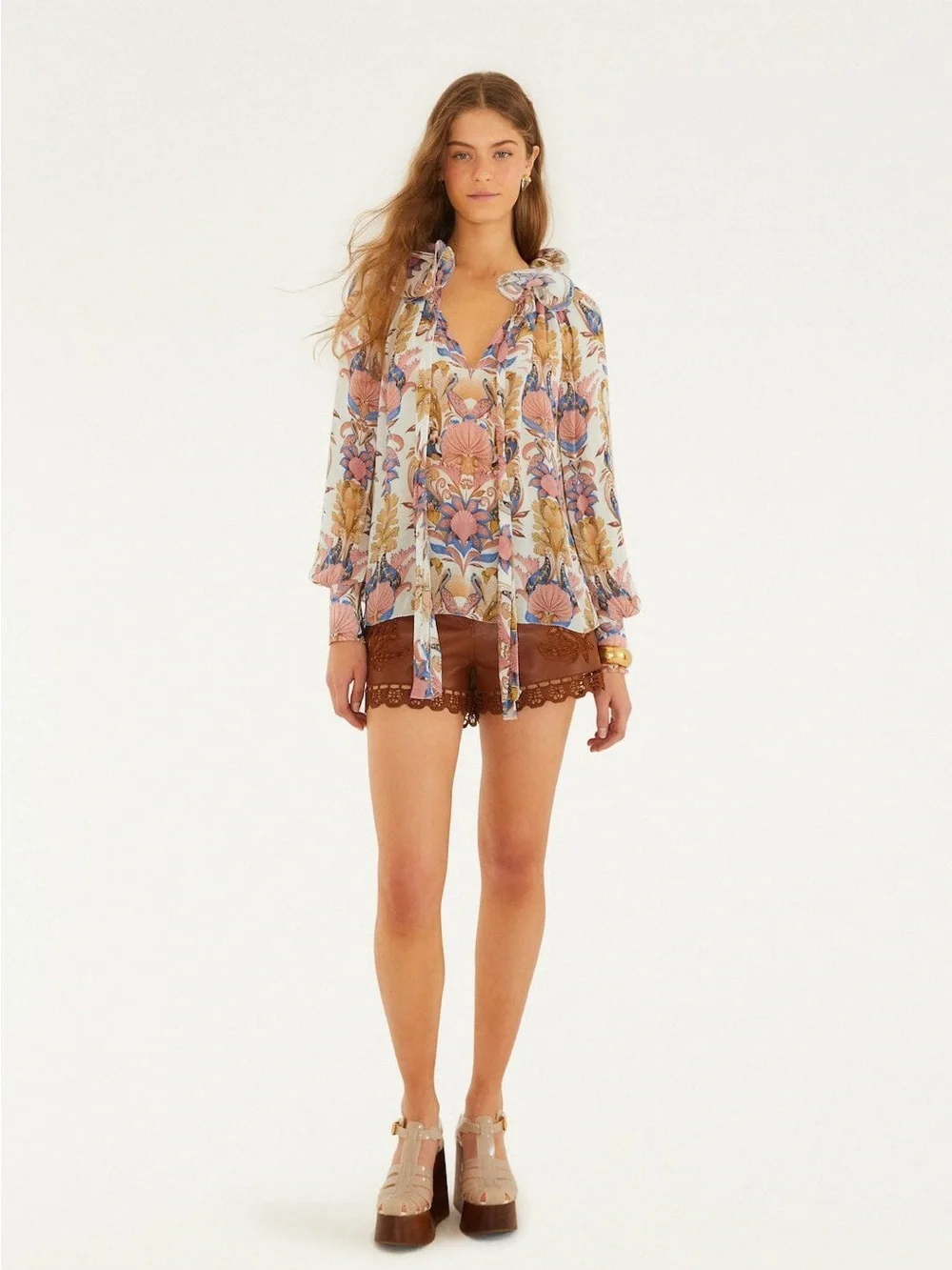 Farm Rio Off-White Sea Garden Ruffled Long Sleeve Blouse M